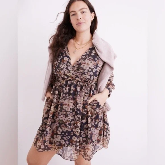 Madewell Floral Daisy Faux Wrap Mini Dress Long Sleeve Drawstring Waist large - Picture 1 of 10